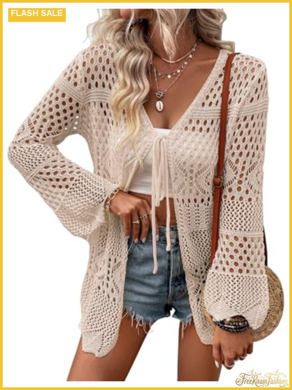 Crochet Knit Tie Front Long Sleeve Hollow Out Cardigan Lightweight Cover Up